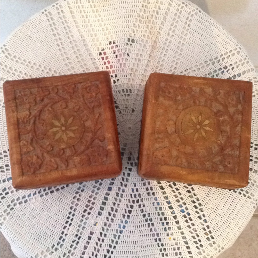 Set of 2 Vintage Carved Wooden Boxes